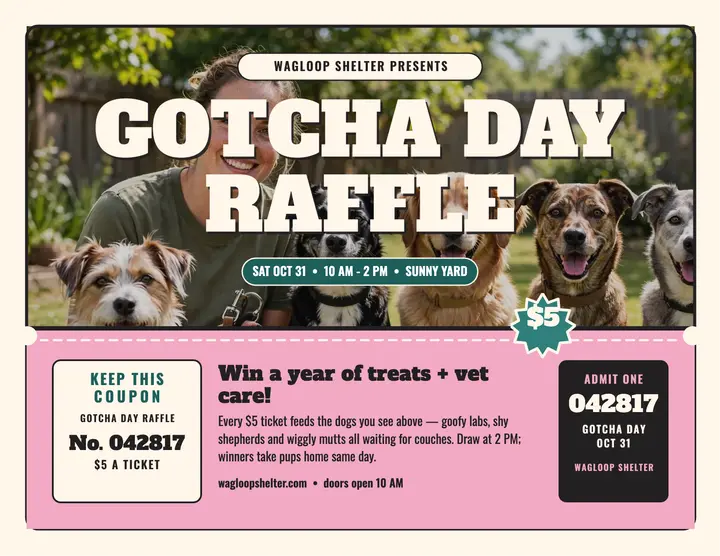Wagloop Shelter Gotcha Day raffle flyer: adoption raffle flyer template