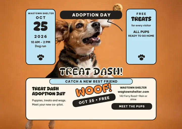 Wagtown Treat Dash adoption day promo: pet adoption day promo template