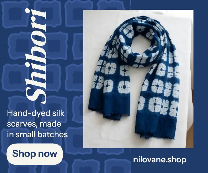 Nilovane hand-dyed shibori scarf ad, indigo template