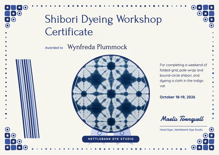 Shibori indigo vat completion certificate: workshop certificate template
