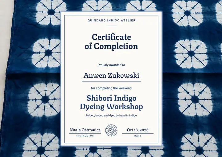 Shibori indigo dyeing workshop certificate template