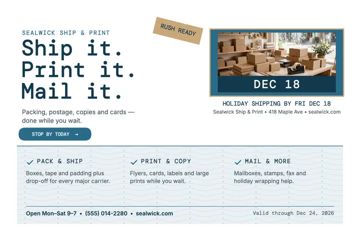 Sealwick Ship and Print holiday postcard template