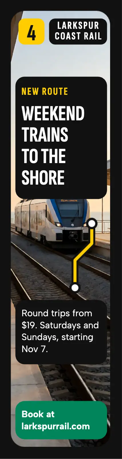 Larkspur Coast Rail weekend shore trains skyscraper ad template