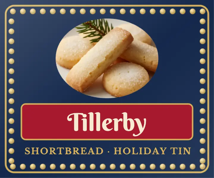 Tillerby shortbread holiday tin lid: christmas shortbread ad template