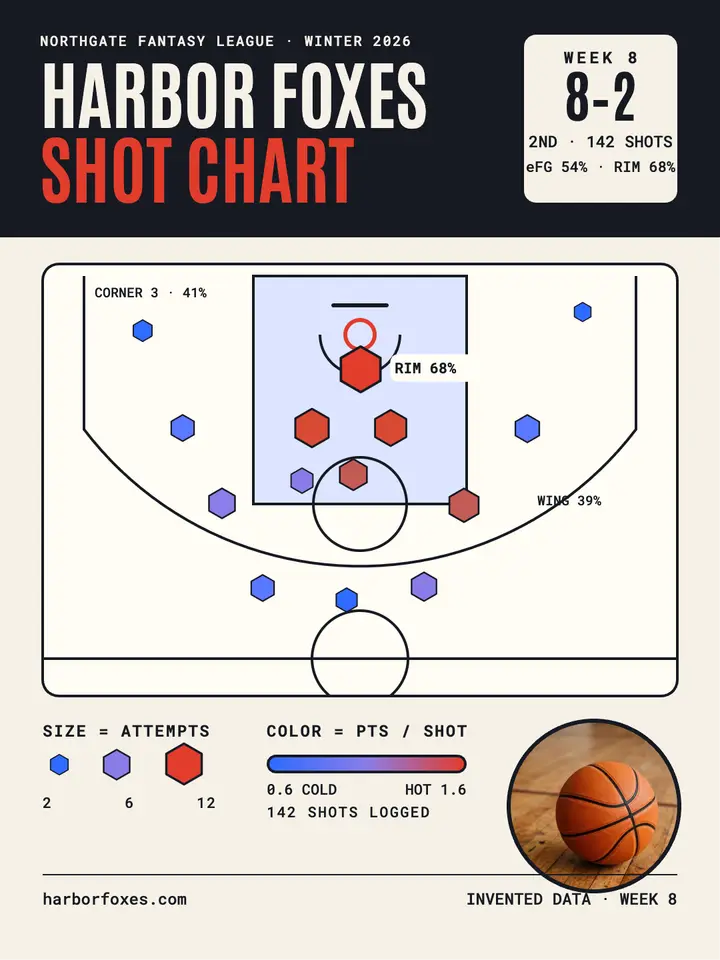 Harbor Foxes shot chart, league portrait: basketball shot chart post template