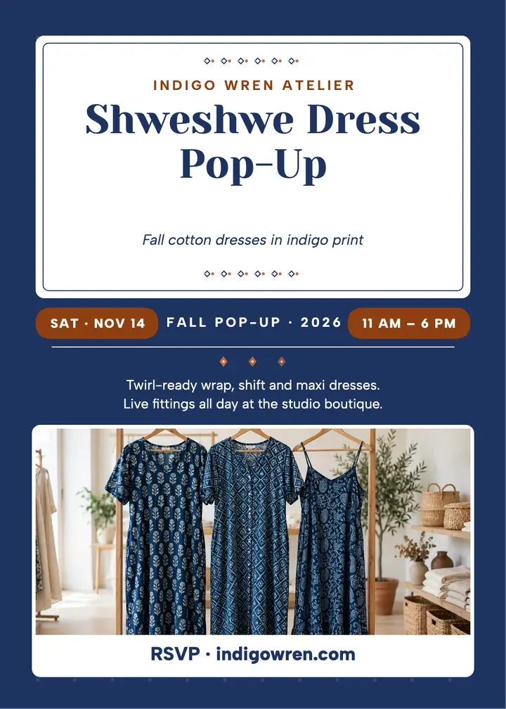 Indigo Wren shweshwe dress pop-up invitation template
