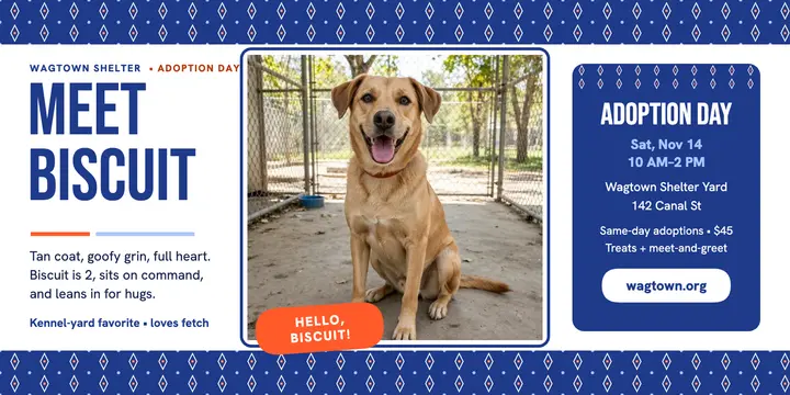 Wagtown adoption day post, Biscuit: shelter adoption post template