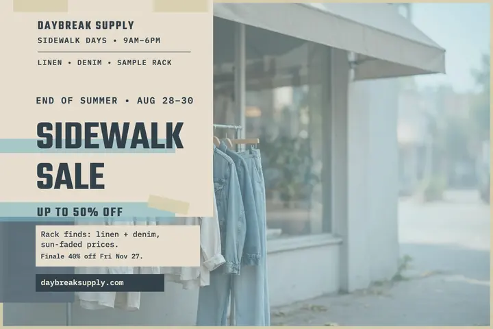 Daybreak Supply sidewalk sale faded postcard: sidewalk sale postcard template