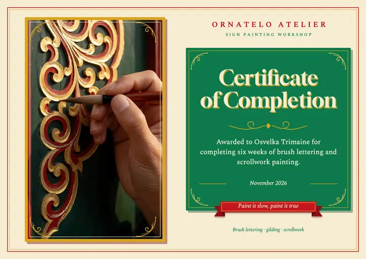 Ornatelo Atelier sign painting workshop certificate template