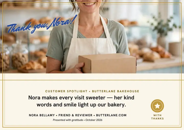 Butterlane Bakehouse thank-you spotlight certificate template
