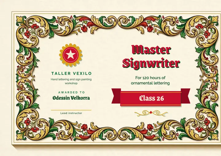 Signwriting workshop certificate, fileteado style template