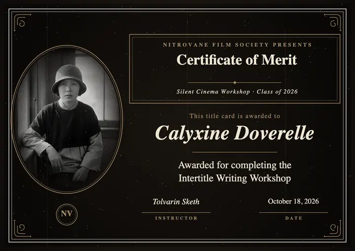 Silent cinema workshop certificate, intertitle style: workshop certificate template