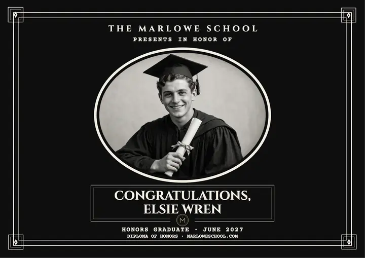 Silent film graduation certificate, Marlowe School template