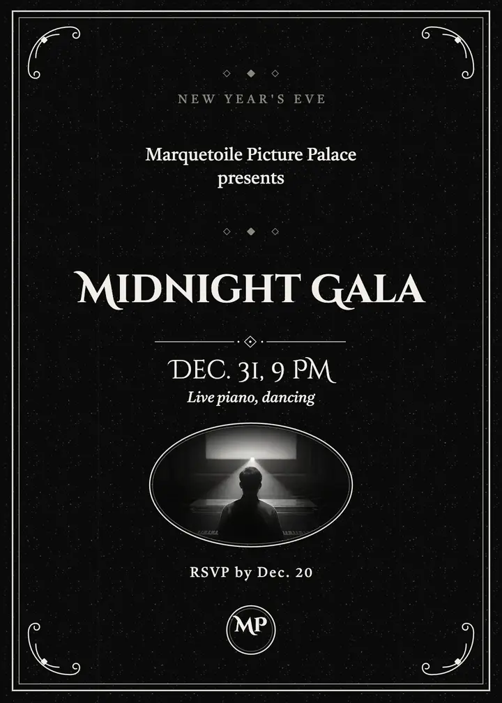 Midnight Gala New Year's Eve invitation, silent film template