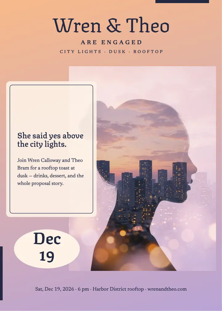 Wren and Theo dusk rooftop engagement invitation template