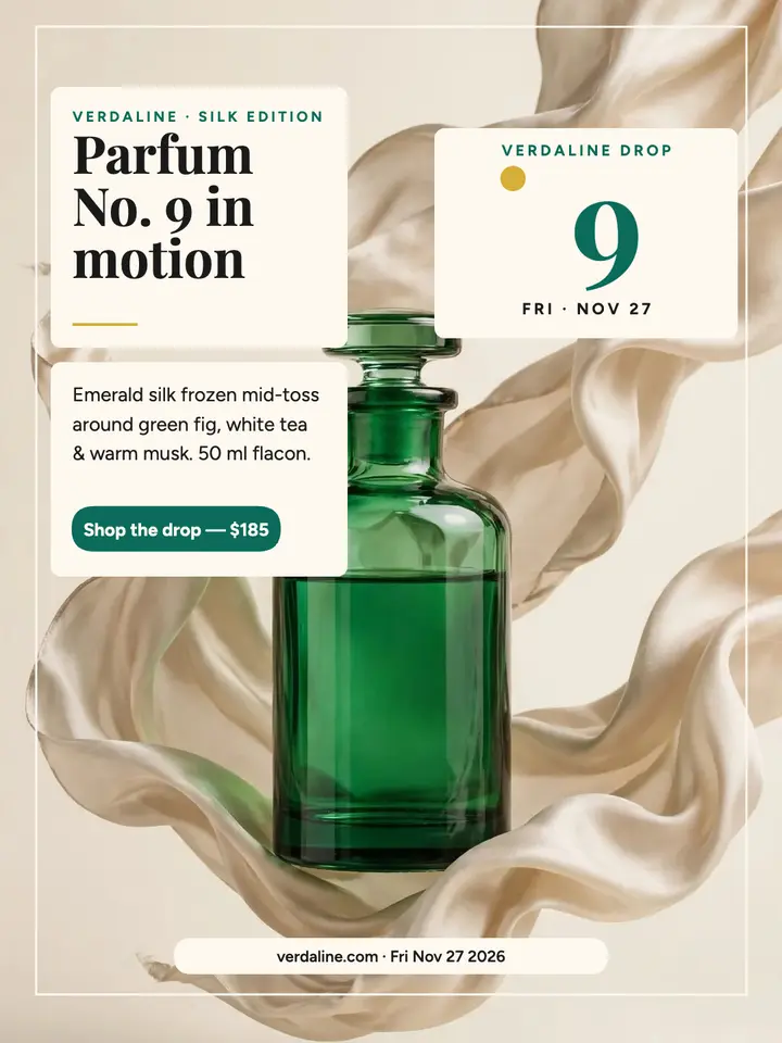 Verdaline silk perfume drop portrait: perfume drop post template