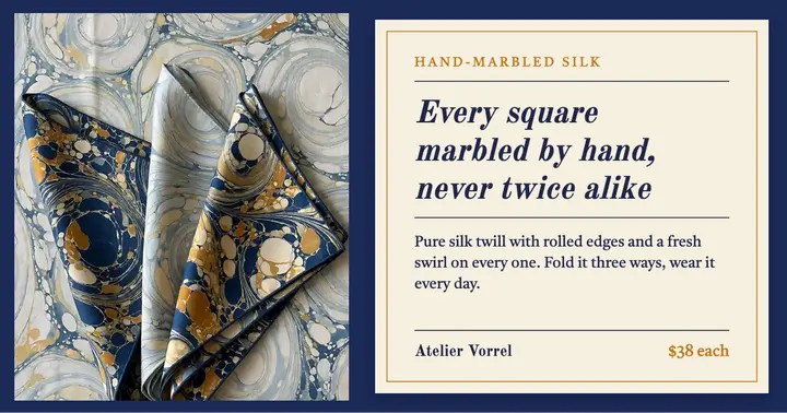 Atelier Vorrel marbled silk pocket squares, marbled paper Facebook post template