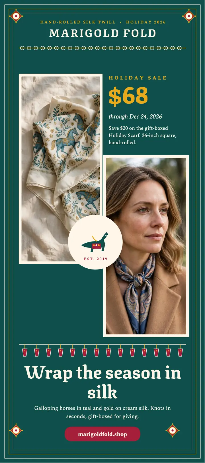 Marigold Fold holiday scarf rack card: holiday scarf sale rack card template
