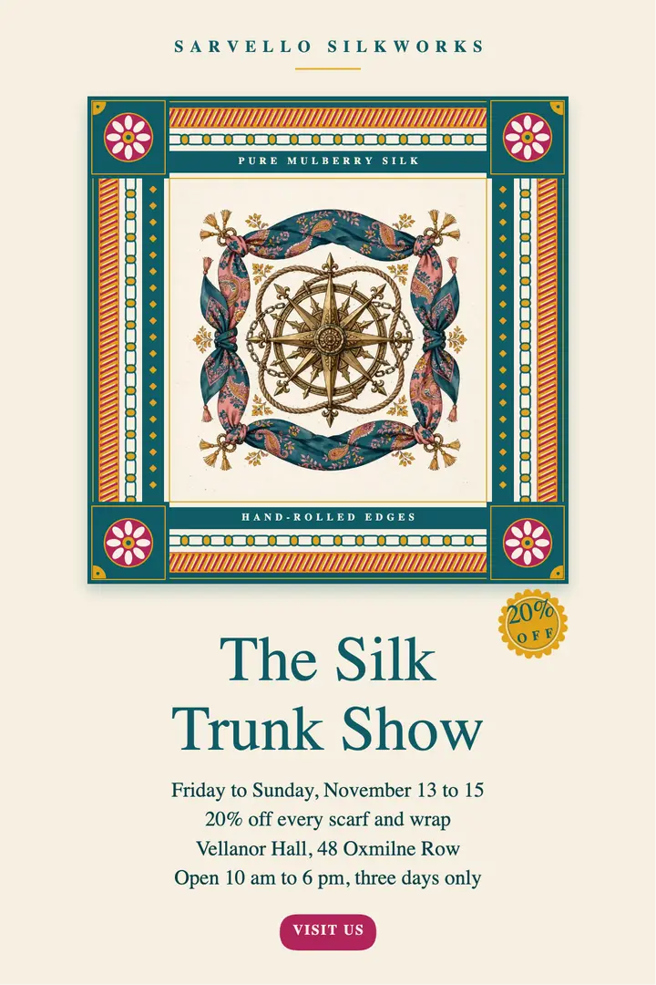 Sarvello Silkworks silk scarf trunk show sale poster template