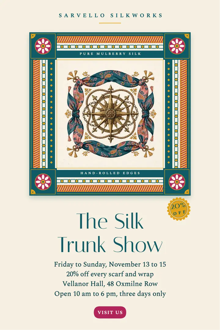 Sarvello Silkworks silk scarf trunk show sale poster template