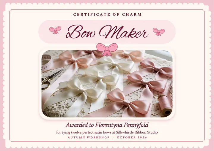 Satin bow workshop certificate, coquette template