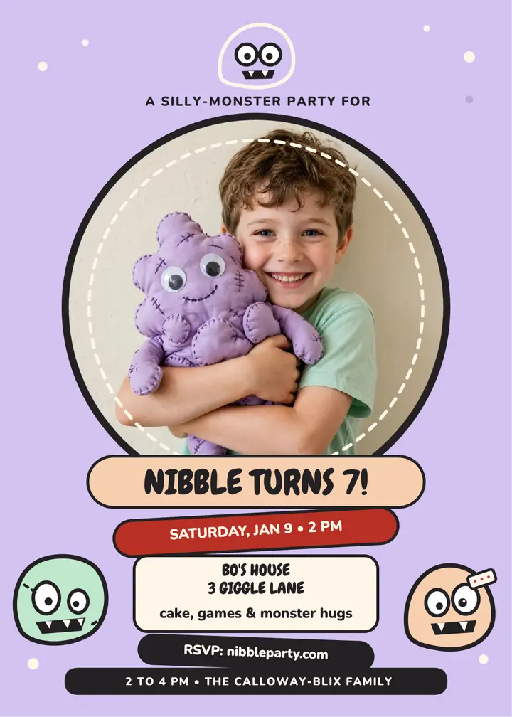 Nibble's silly-monster 7th birthday invite: monster birthday invitation template