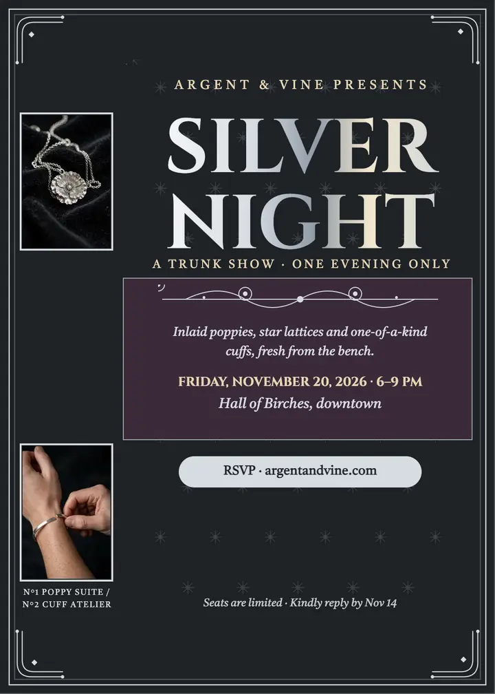 Argent and Vine silver night trunk show: jewelry trunk show invitation template