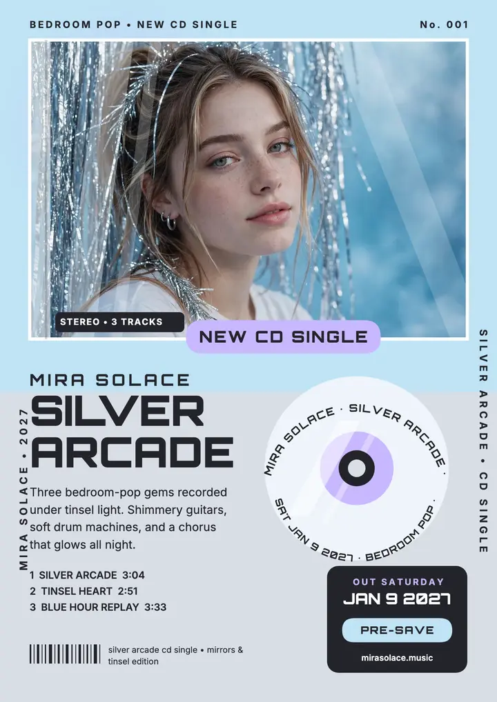 Mira Solace Silver Arcade CD single flyer template