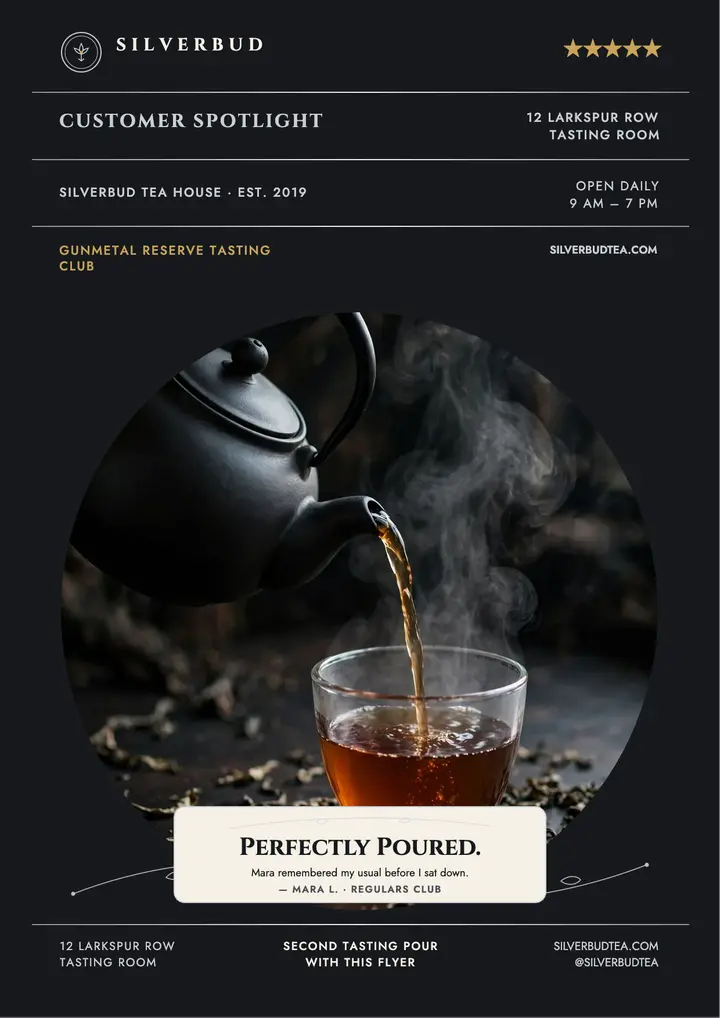 Silverbud tea customer spotlight flyer template