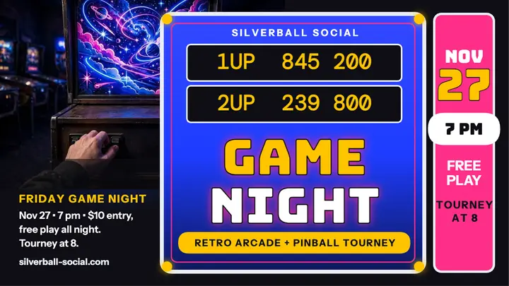 Silverball Social game night thumbnail template