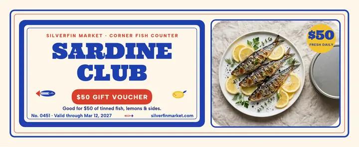 Silverfin Market sardine club voucher template