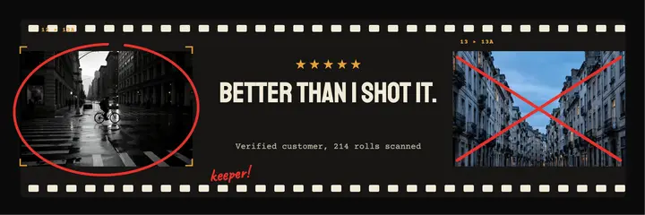 Film lab five-star review X header, contact sheet template