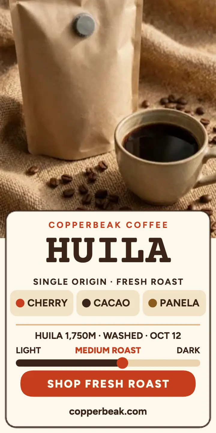 Copperbeak Huila coffee half-page ad: single origin coffee ad template