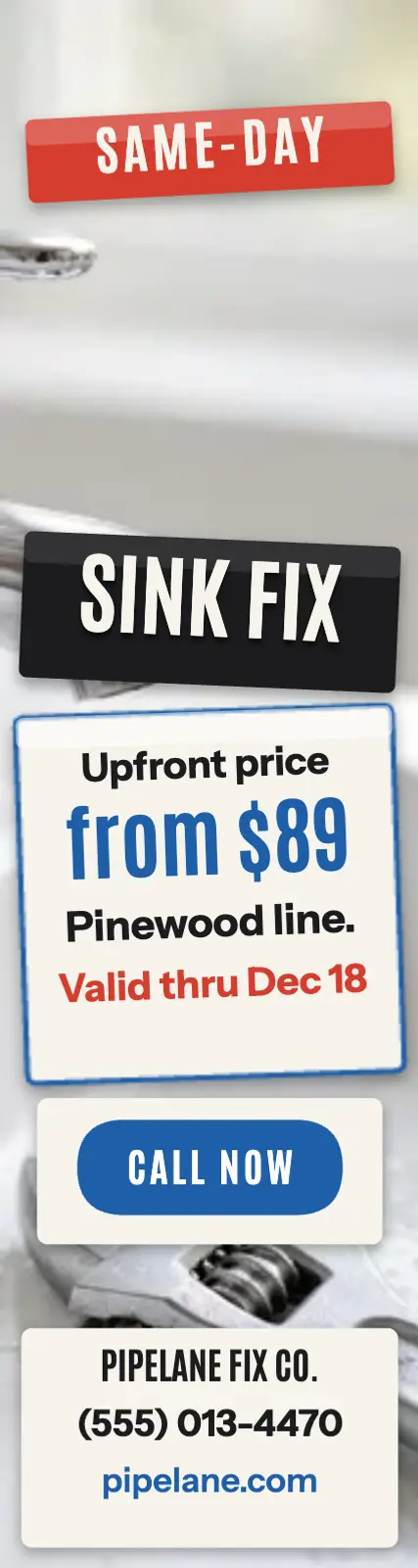 Pipelane same-day sink fix tape ad template