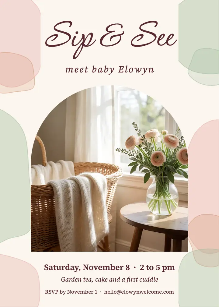 Sip and see baby invitation, watercolor wash template