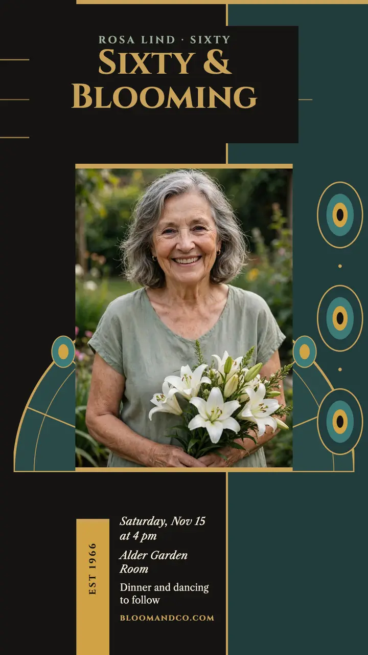 Rosa Lind sixty blooming garden party story: 60th birthday story template