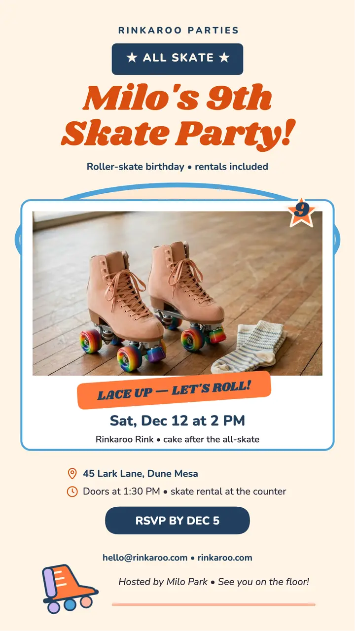 Milo's skate birthday story invite template