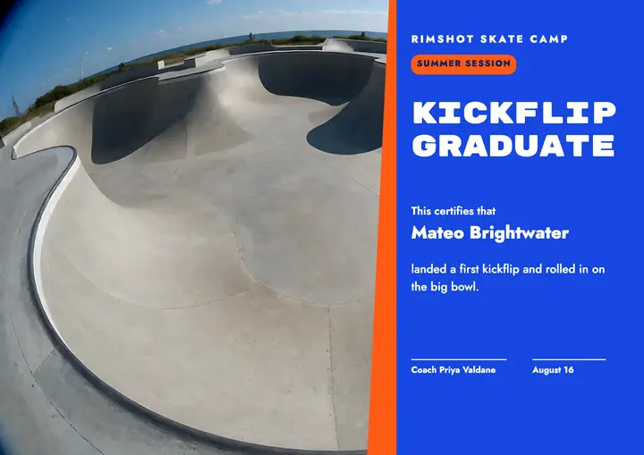 Rimshot Skate Camp kickflip certificate, fisheye skate template