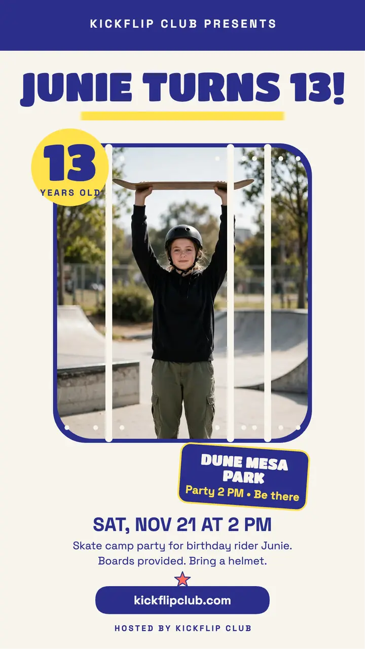 Junie skate camp birthday deck story template