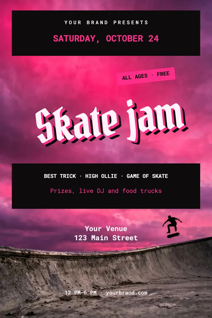 Hot pink and black skate jam poster template