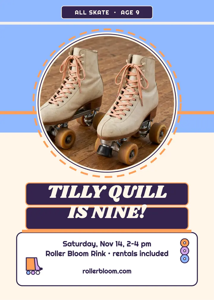 Tilly Quill skate party invitation, roller rink template