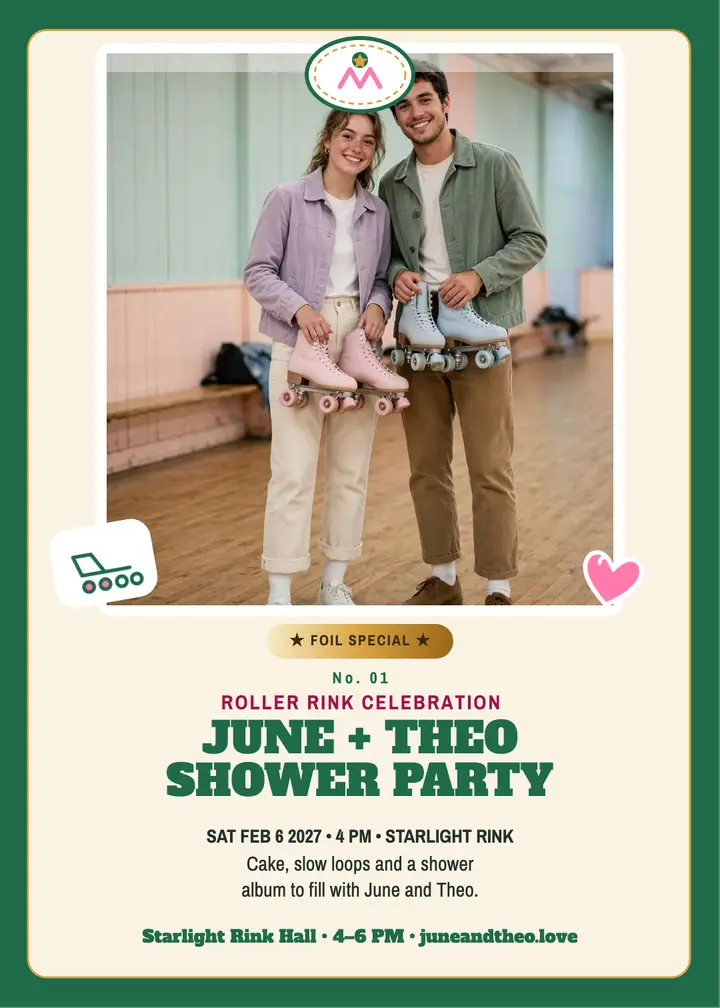 June and Theo skate shower sticker invitation template