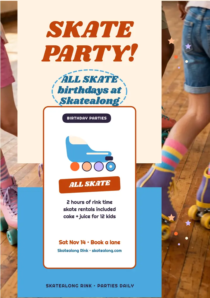 Skatealong roller rink birthday party flyer template