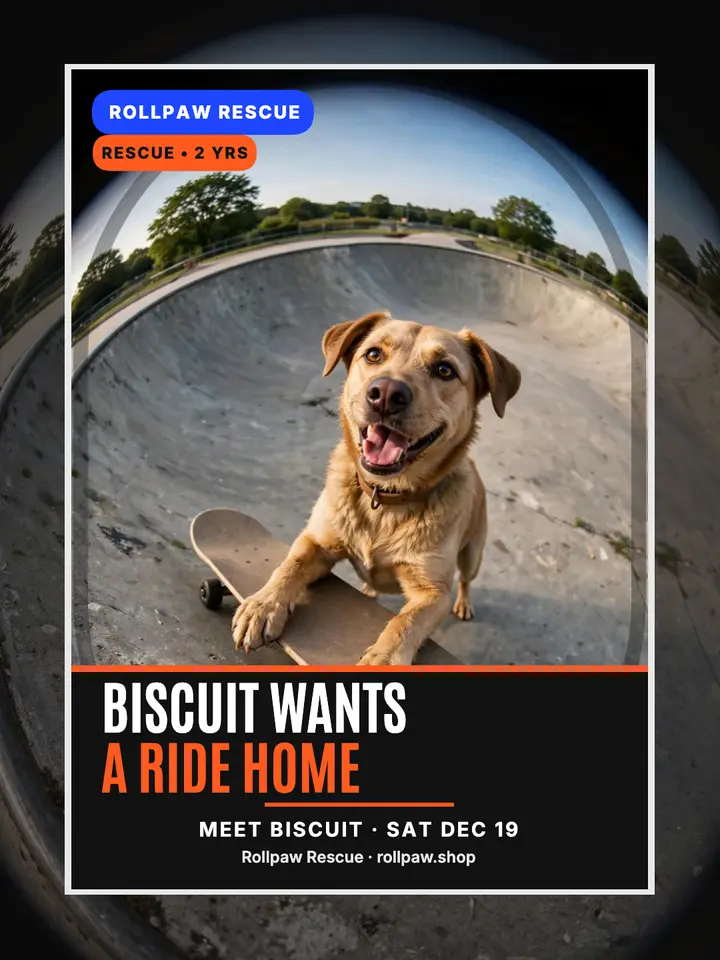 Biscuit skateboarding dog adoption portrait template