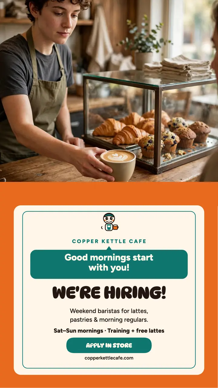 Copper Kettle weekend baristas hiring story: cafe hiring story template