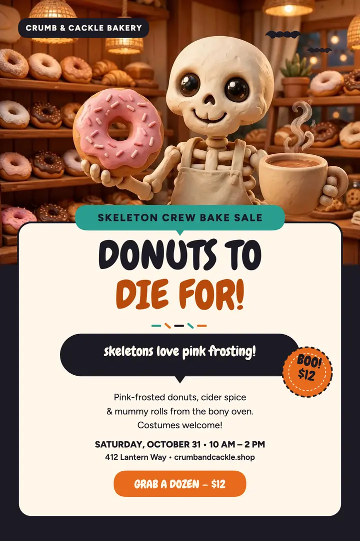 Skeleton donut Halloween bake sale poster template