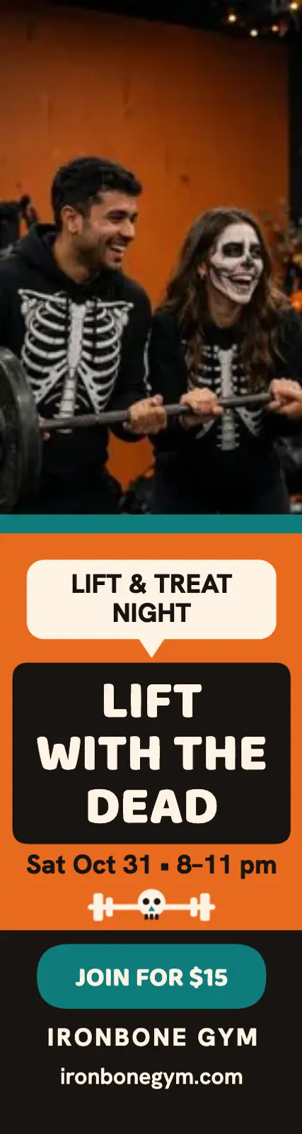 Ironbone Gym Halloween lift skyscraper ad: halloween gym ad template