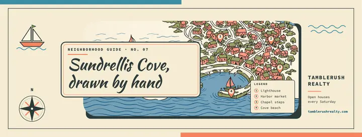 Sundrellis Cove pictorial map neighborhood guide cover template