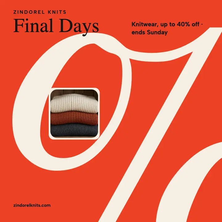 Zindorel Knits final days clearance post: knitwear sale post template