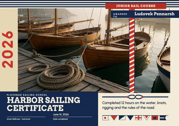 Junior sailing course completion certificate, fisherman nautical template